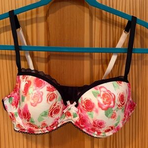 Betsey Johnson Pink Floral Bra with Black Lace
